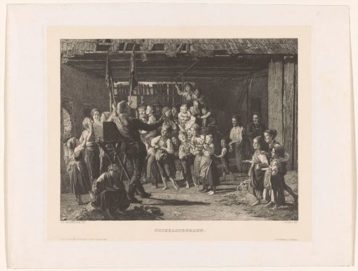 Crowd around a peep show in a barn