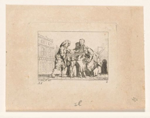 Children and adults around a peep show on a square