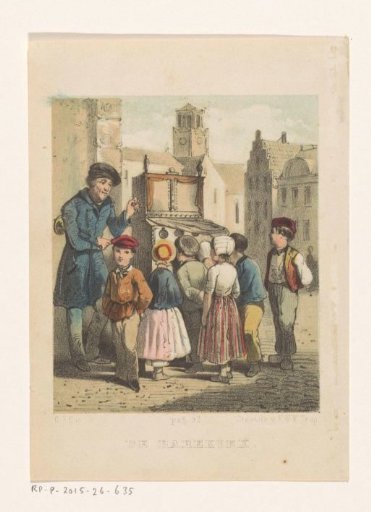 Children around a peep show on a square