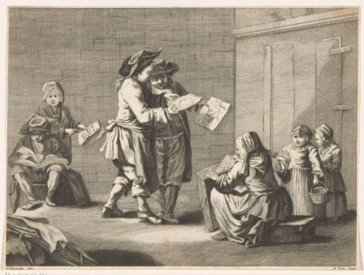Five men and women viewing prints