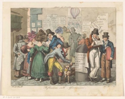 Square with men and women looking at prints and posters