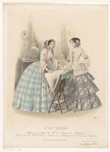Interior with two women next to a print stand
