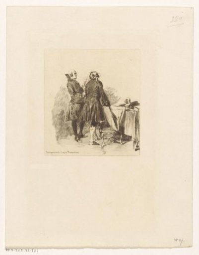 Two men in 18th-century clothing viewing prints