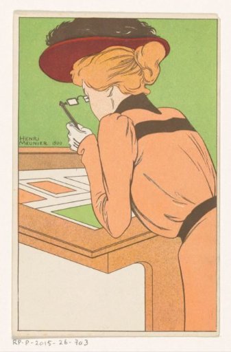A woman with a hat and a lorgnette viewing prints lying in a display case
