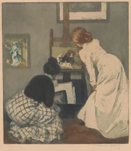Two women looking at art