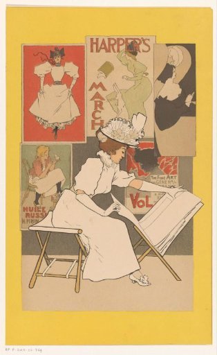 Seated woman looking at prints in a print stand