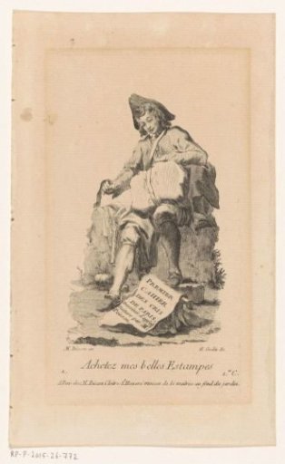 Print seller sitting on a stone