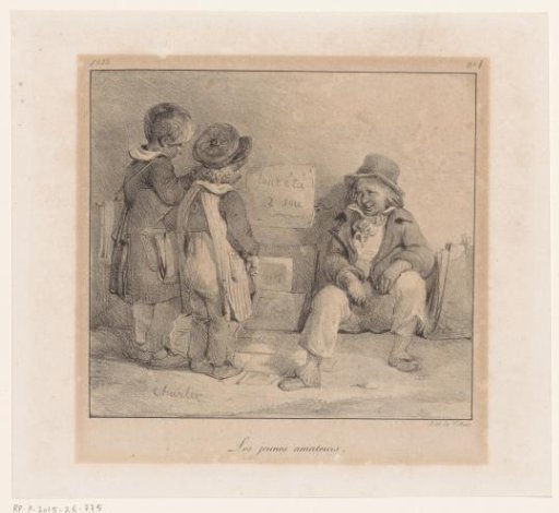 Two schoolchildren and a young print seller