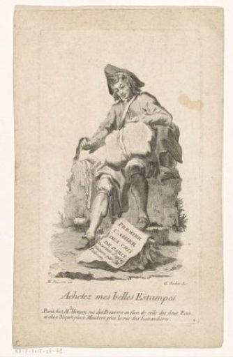 Male print seller seated on a stone