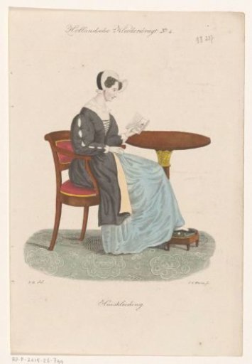 Woman in domestic dress reading at a table
