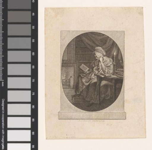 Woman reading by candlelight