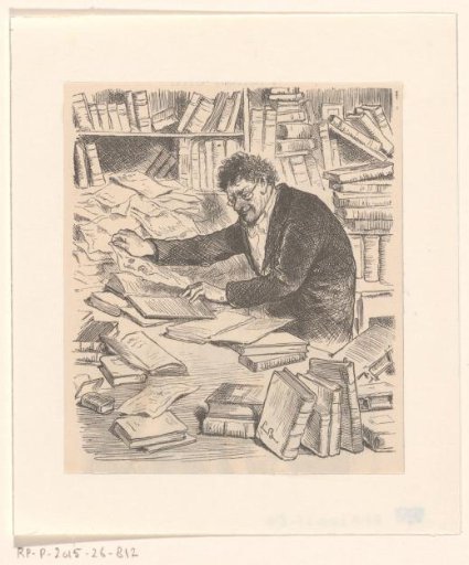 Man Reading in an Interior Filled with Books and Papers
