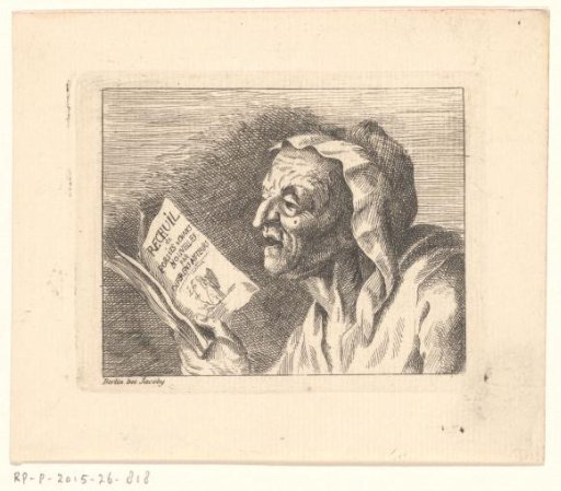Bust of an old woman holding a songbook