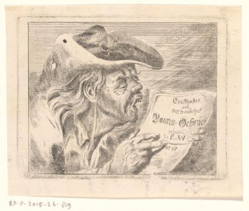 Bust of an old bearded man holding a pamphlet