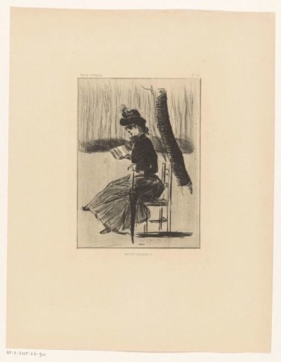 Woman with a book and an umbrella sitting on a chair outdoors