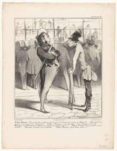 Robert-Macaire in conversation with Bertrand in front of the window of a print shop