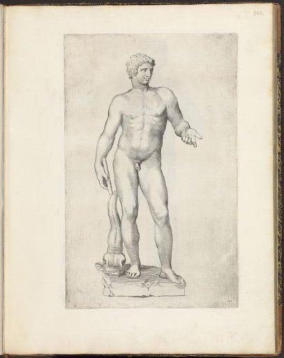 Statue of a naked man beside a dolphin