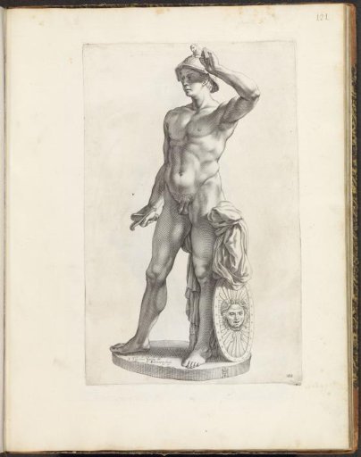 Statue of a naked gladiator with helmet and shield