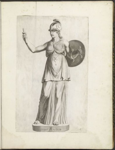 Statue of standing Minerva with helmet and shield