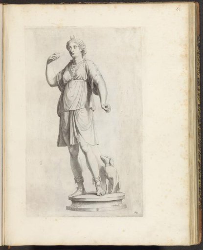 Statue of Diana standing next to a hunting dog