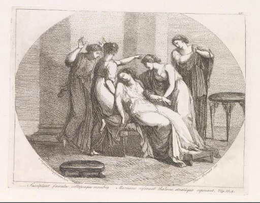 A woman fainting, surrounded by four other women