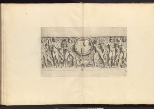 Bas-relief with putti holding fruit baskets displaying a portrait