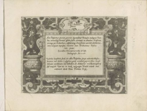 Title in an ornamental frame with a vat on each side, a frog and a bird on the rim
