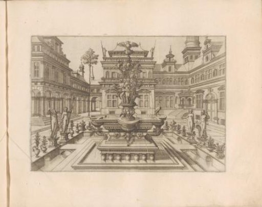 City square with a fountain surrounded by statues and pots with plants