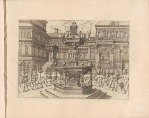 Garden of a palace with a fountain on a hexagonal base