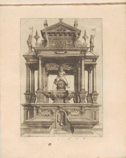 Temple with fountain and Bacchus on a barrel