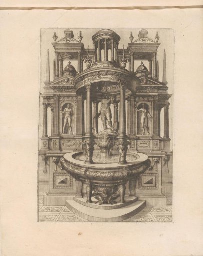 Round fountain with a statue of a man holding a severed head