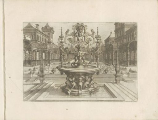 Round fountain supported by sphinxes in a courtyard
