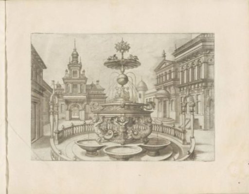 City square with a round fountain