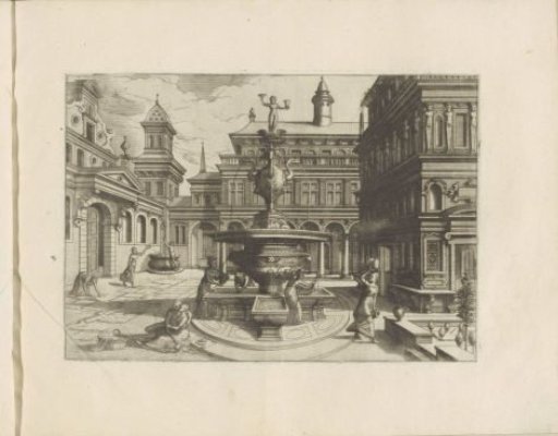 City square with a fountain surrounded by figures