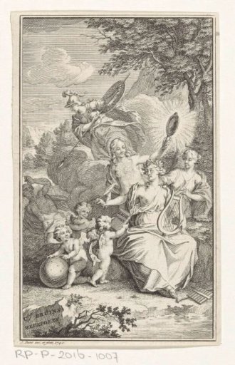 Allegorical representation with Moral Poetry, Naked Truth and Diligence