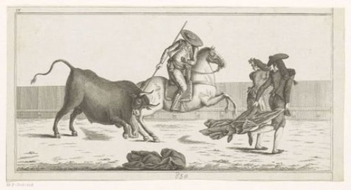 Picador thrusts his lance into a bull