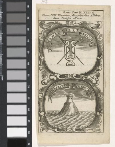 Harp with sword and saber / Tower on a mountain in the sea