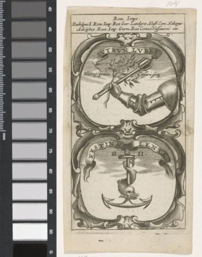 Armored arm with morning star and olive branch / Anchor with dolphin