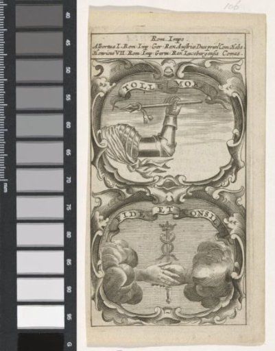 Armored arm with spear / Two hands and a staff with a crowned caduceus