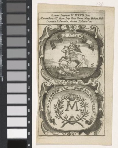 Knight on horseback striking down an enemy / Initial M in a laurel wreath