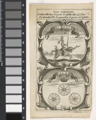 Armored knight on horseback / Three wheels with crown