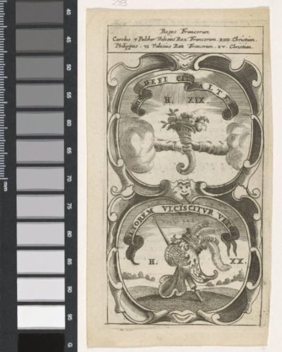 Two hands with a cornucopia / Crowned ornamental helmet with lance