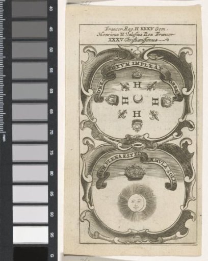 Four crowns, French lilies and the initial H / Crowned sun