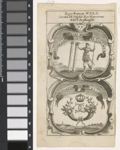 Roman warrior supporting two pillars / Crowned monogram CC with two cornucopias