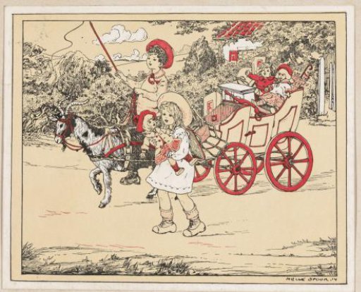 Boy driving a puppet carriage on a goat