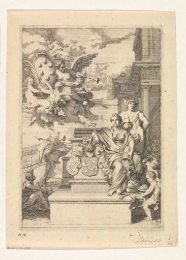 Title page with an allegory on trade and the coat of arms of the De Medici family