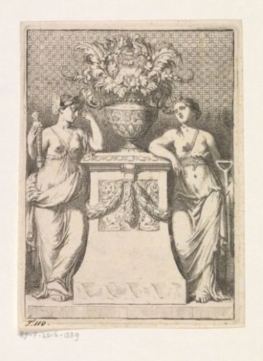 Flower vase flanked by Invention and Labour