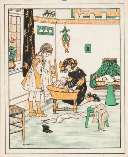 Two girls bathing a doll