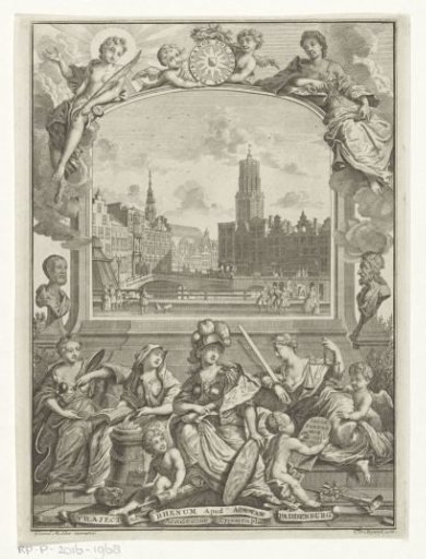 City view with the Dom Church in Utrecht and an allegory with Minerva and virtues