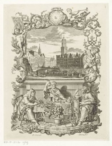 City view with the Dom Church in Utrecht and an allegory with three scholars